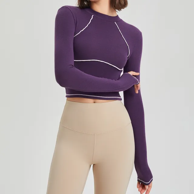 Autumn And Winter Fitness Suit Women's Long Sleeve Muss Tight Training Sports Top Women's Contrast Running Yoga Suit Elegant Purple - Shop at LoveMi