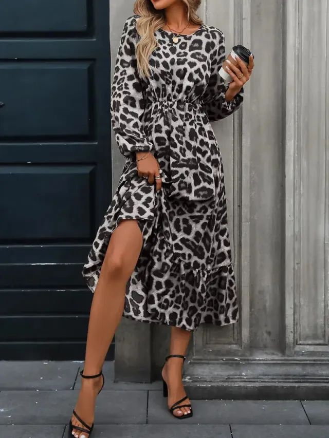 Elegant Leopard Print Lantern Sleeve Ruffled A line Midi Dress Black - Shop at LoveMi