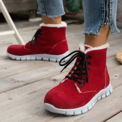 Lace-up Flats Plush Shoes Fashion Women's Boots - Red - View 1