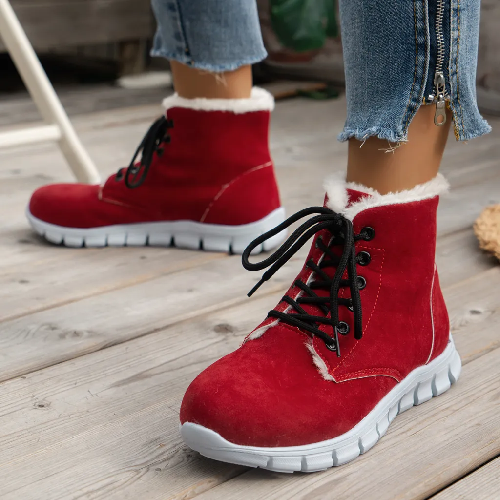 Lace-up Flats Plush Shoes Fashion Women's Boots - Red