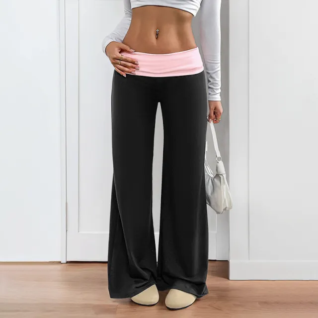 Women's Low Waist Color Matching Casual Sports Wide leg Pants Black - Shop at LoveMi