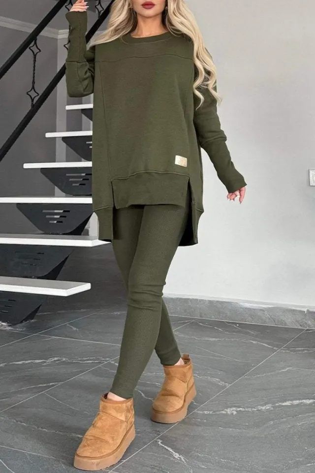 Women's Slit Long Sleeve Top And Trousers Suit Army Green - Shop at LoveMi