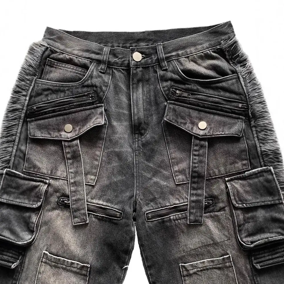 Multi-pocket Black Jeans Loose Drag