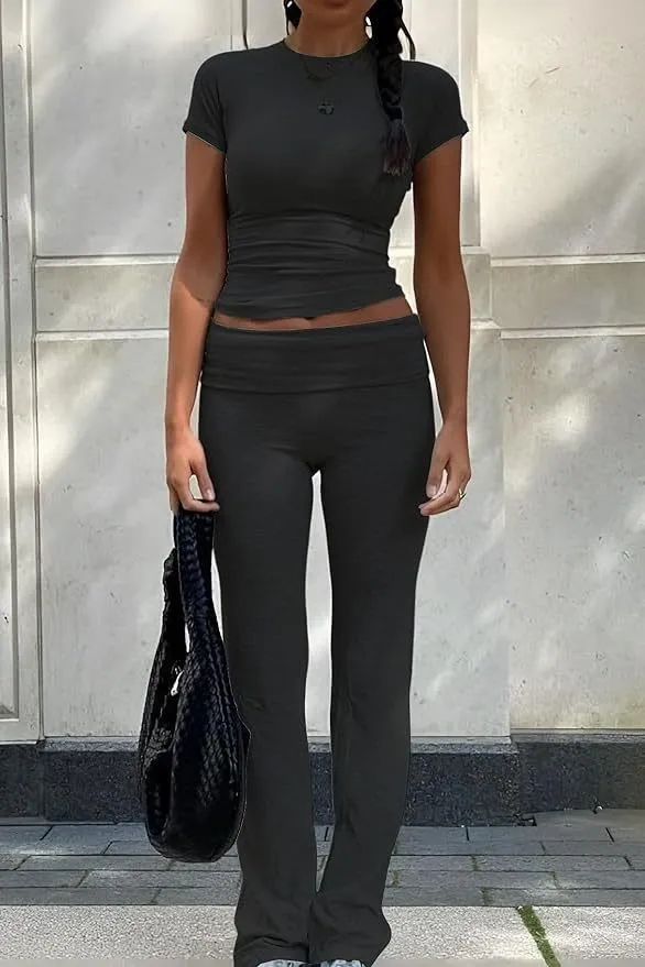 Women's Casual Wear Slim Short-sleeved Tops Low Waist Flared Leggings Suit - Dark Gray