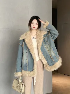 Denim Fur Collar Coat Women's Winter Style Vintage Top - Denim Blue - View 1