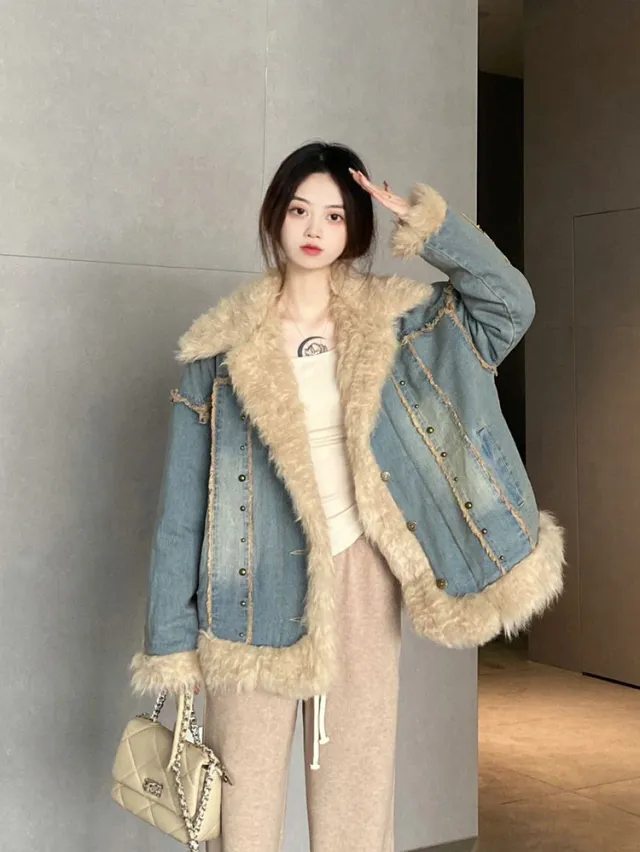 Denim Fur Collar Coat Women's Winter Style Vintage Top Denim Blue - Shop at LoveMi