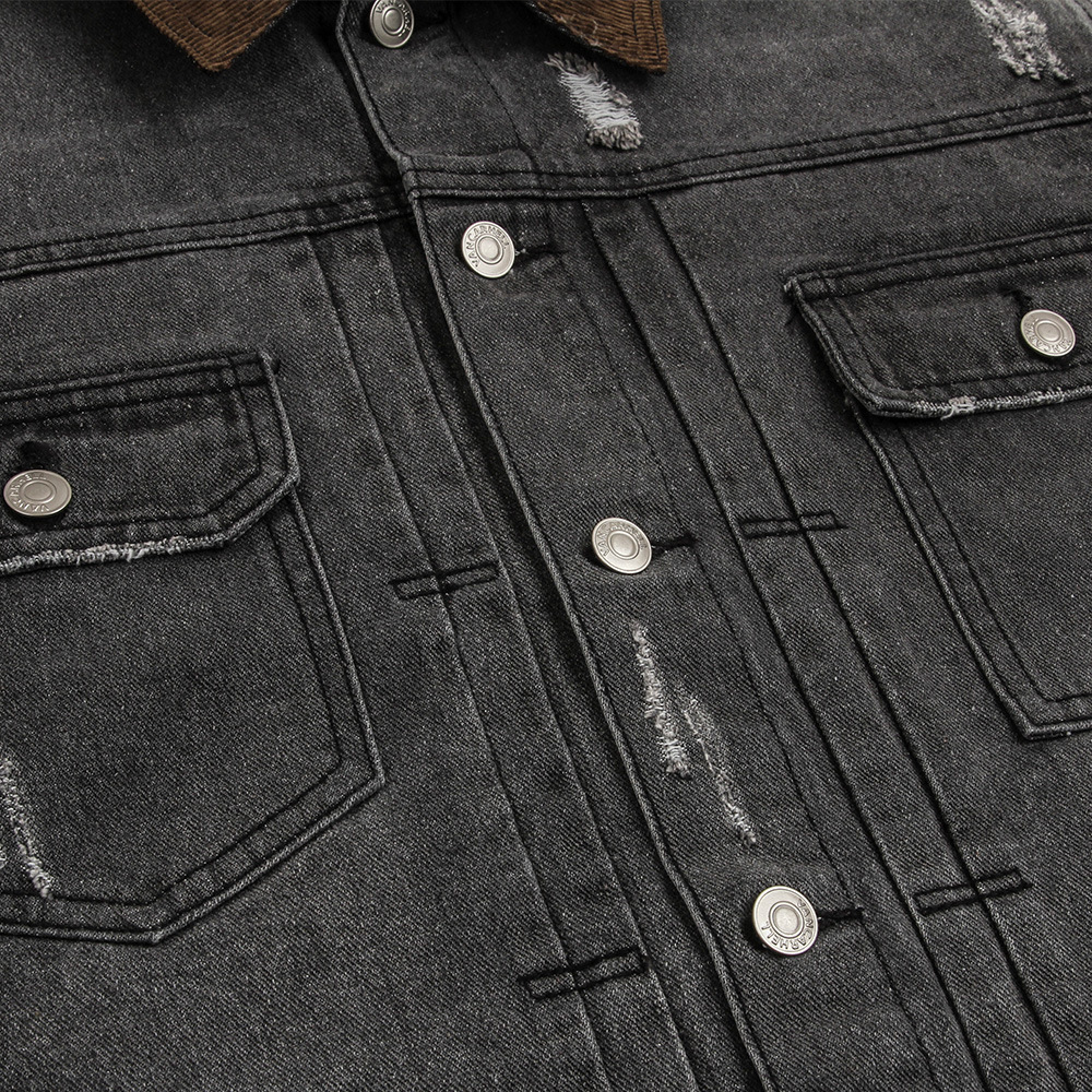 Ripped Distressed Denim Clothes Jacket Men's American Retro Design Sleeve Zipper Splicing Coat