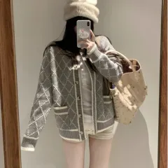 Rhombus Sweater Coat Women's Mid-length Grey Knitted Cardigan - Grey - View 1