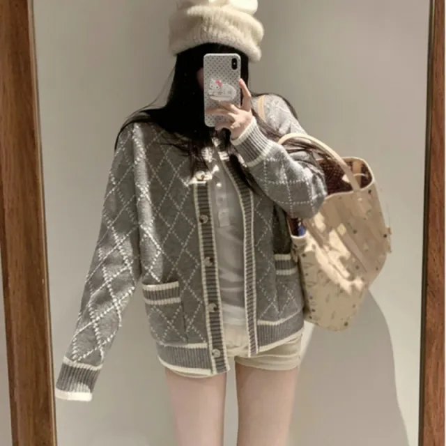 Rhombus Sweater Coat Women's Mid length Gray Knitted Cardigan Gray - Shop at LoveMi