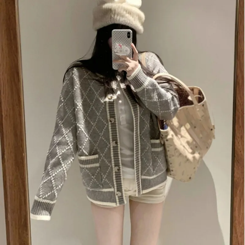 Rhombus Sweater Coat Women's Mid-length Gray Knitted Cardigan - Gray