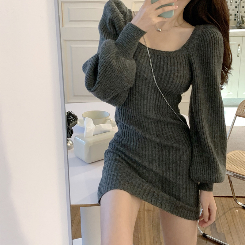 Womens Solid-Color Fashion Square-Neck Sweater Dress
