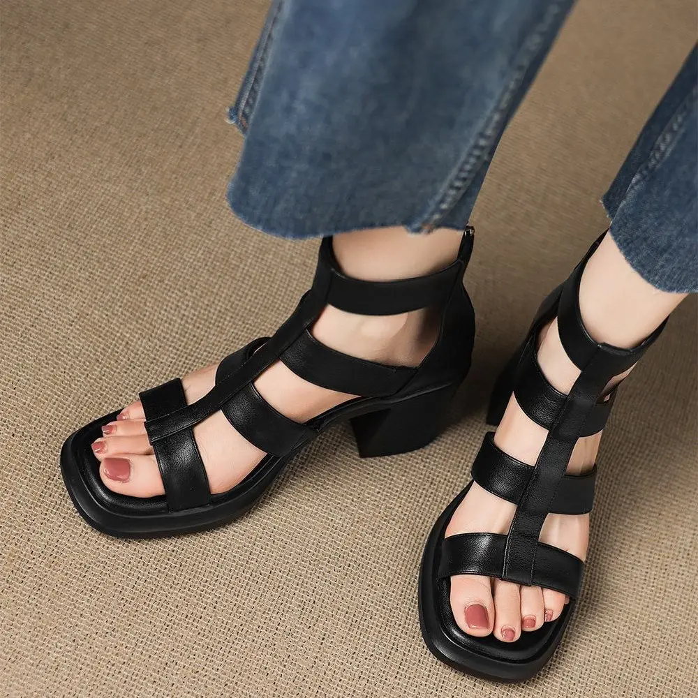 Summer Women's Soft Leather Open-toe Platform Chunky-heel