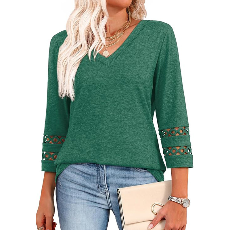 Solid Color Loose V neck 34 Sleeves Women Green - Shop at LoveMi