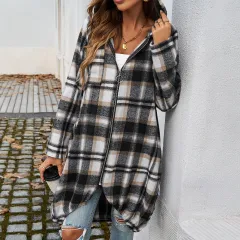 European And American Autumn And Winter Leisure Loose Contrast Colour Hooded Coat - Khaki - View 1