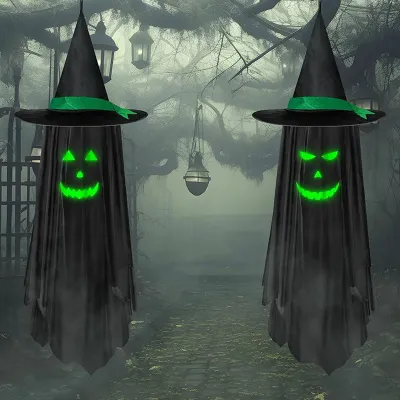 Halloween Ghost Festival Party Luminous Wizard Hat Ghost Pendant Outdoor Yard Ornament Scene Atmosphere Layout Door Hanging