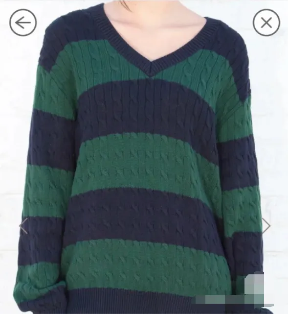 European And American Striped Cable knit Sweater V neck Loose Sweater For Women Navy Blue Green - Shop at LoveMi