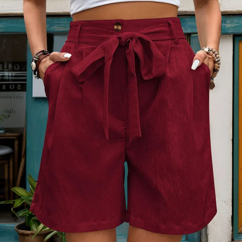 Women's Simple Casual Lace Up Elastic Waist Solid Color Shorts - Wine