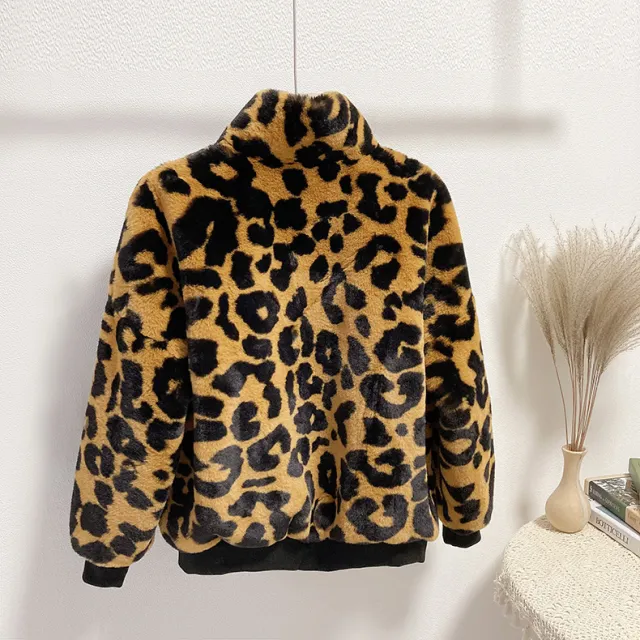 Winter Artificial Green Fur Women's Stitching Leopard Print Short Sweater Green - Shop at LoveMi
