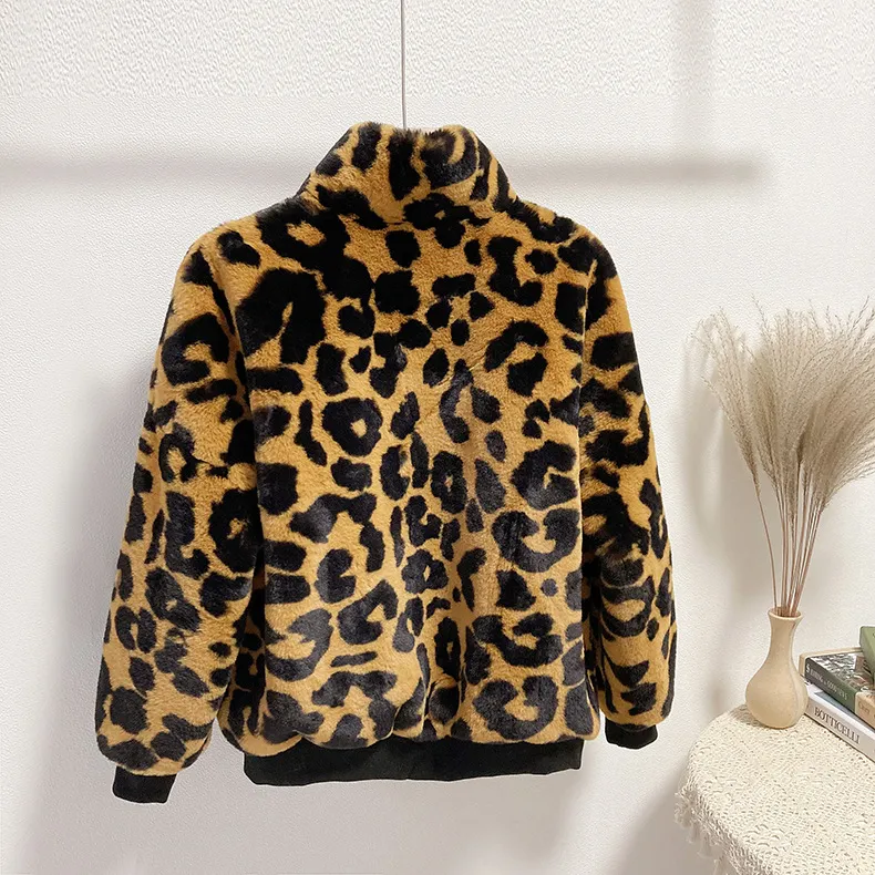 Winter Artificial Green Fur Women's Stitching Leopard Print Short Sweater - Leopard Print