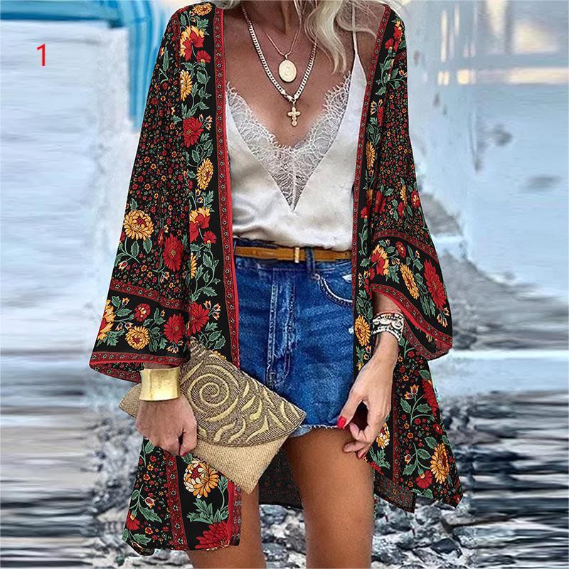 New Casual Fashion Vacation Batwing Long Sleeve Cardigan Printed Top