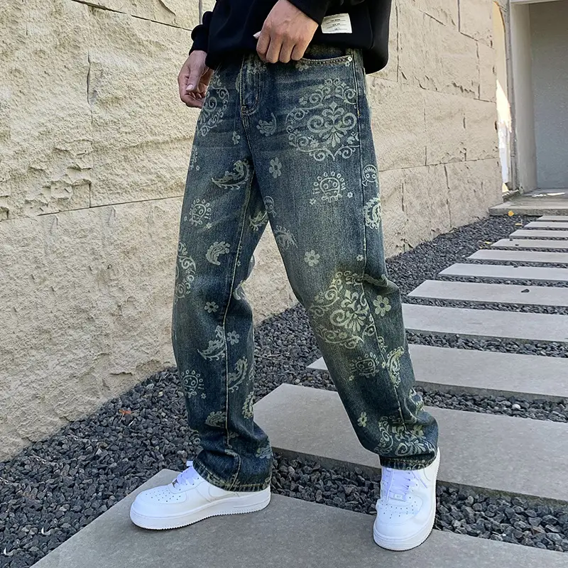 Vintage Jeans Men's Fashion Printed Loose Casual Straight Trousers