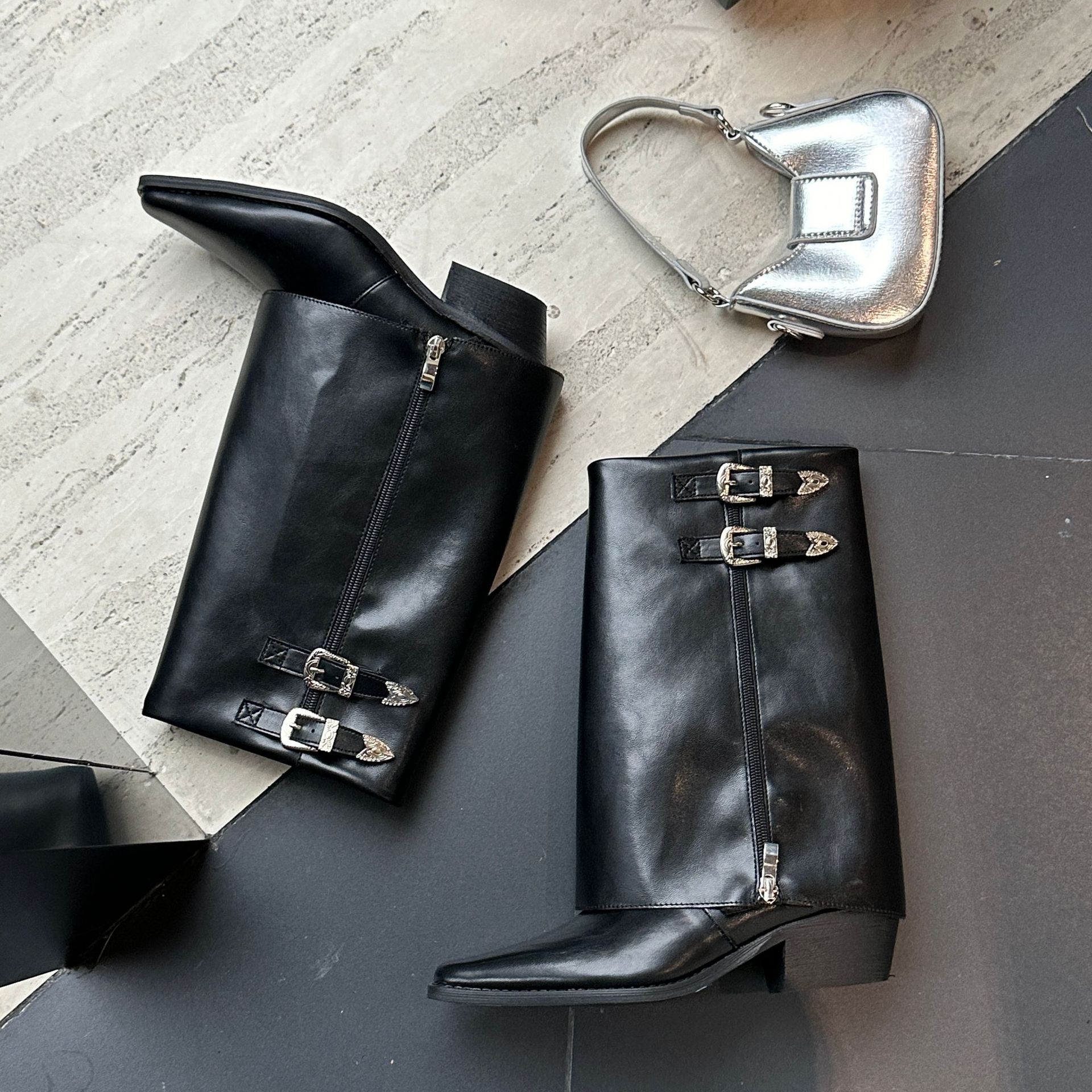Fashionable Studded Leather Belt Buckle Chunky High Heel Mid-calf Length Side Zipper