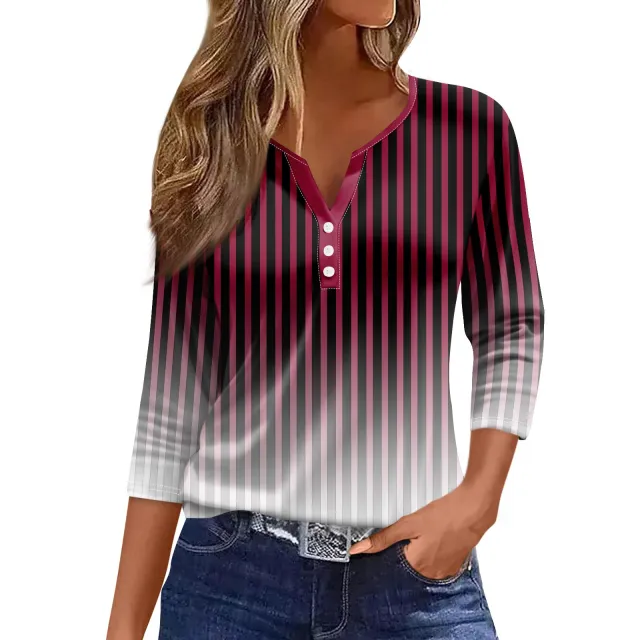 Women's T shirt V neck Three button Printed Short sleeved Top 12Color M - Shop at LoveMi