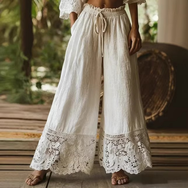 Fashionable Solid-Colored Lace-Trimmed Womens Pants