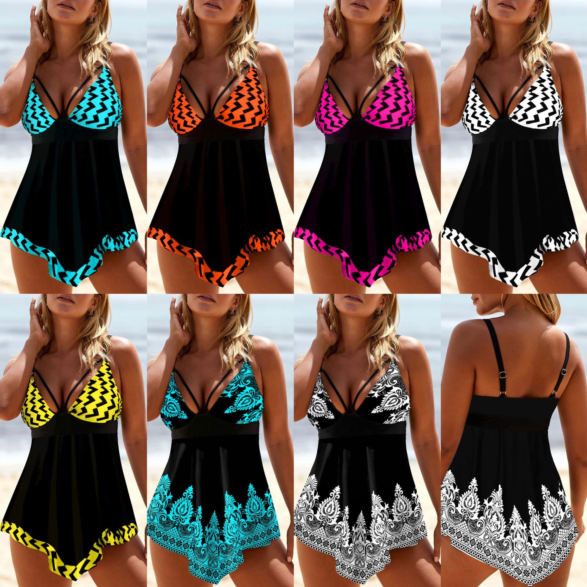 Women's Printed Strap Deep V Plus Size Skirt Swimsuit - Image 23