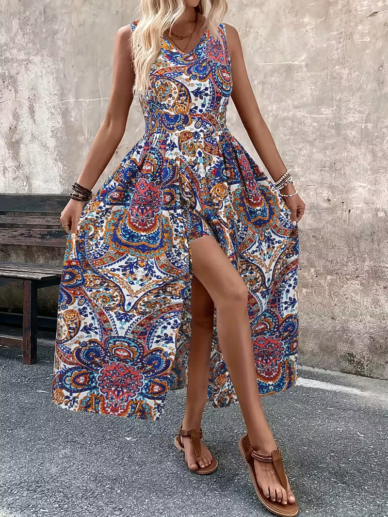 Women's white printed V-neck sleeveless jumpsuit – resort look