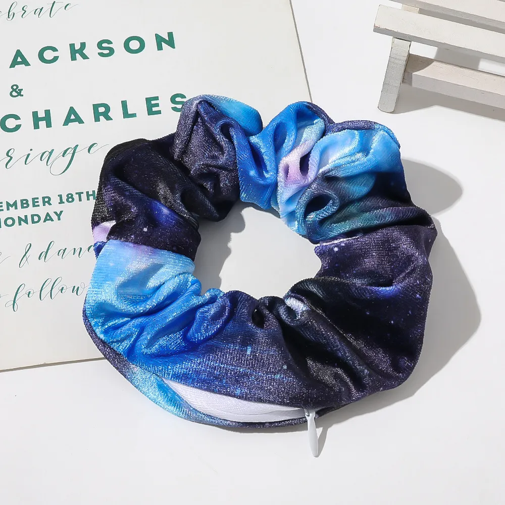Velvet Cloth Zipper Large Hair Tie - Zipper Starry Sky Blue