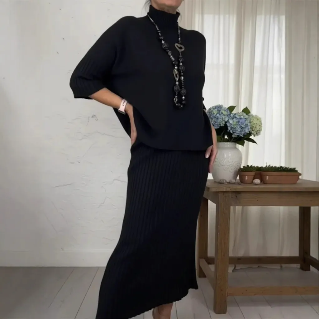Womens Solid-Color Elegant High-Neck Knitted Sweater And Skirt Two-Piece Set - Black