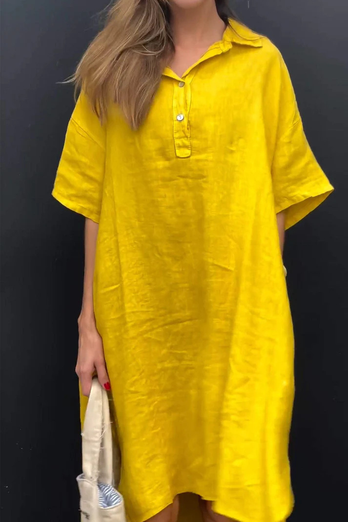 New Solid-color Casual Cotton-linen Long Dress With A Turn-down Collar And Buttons