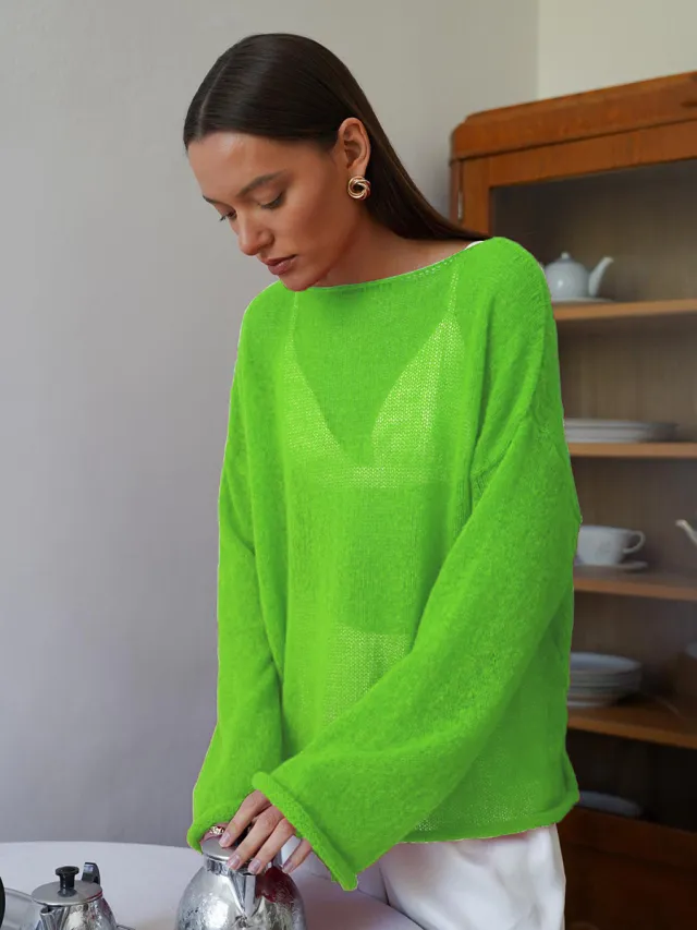 Hollow Sweater Thin Scoop Bell Sleeve Women Green - Shop at LoveMi