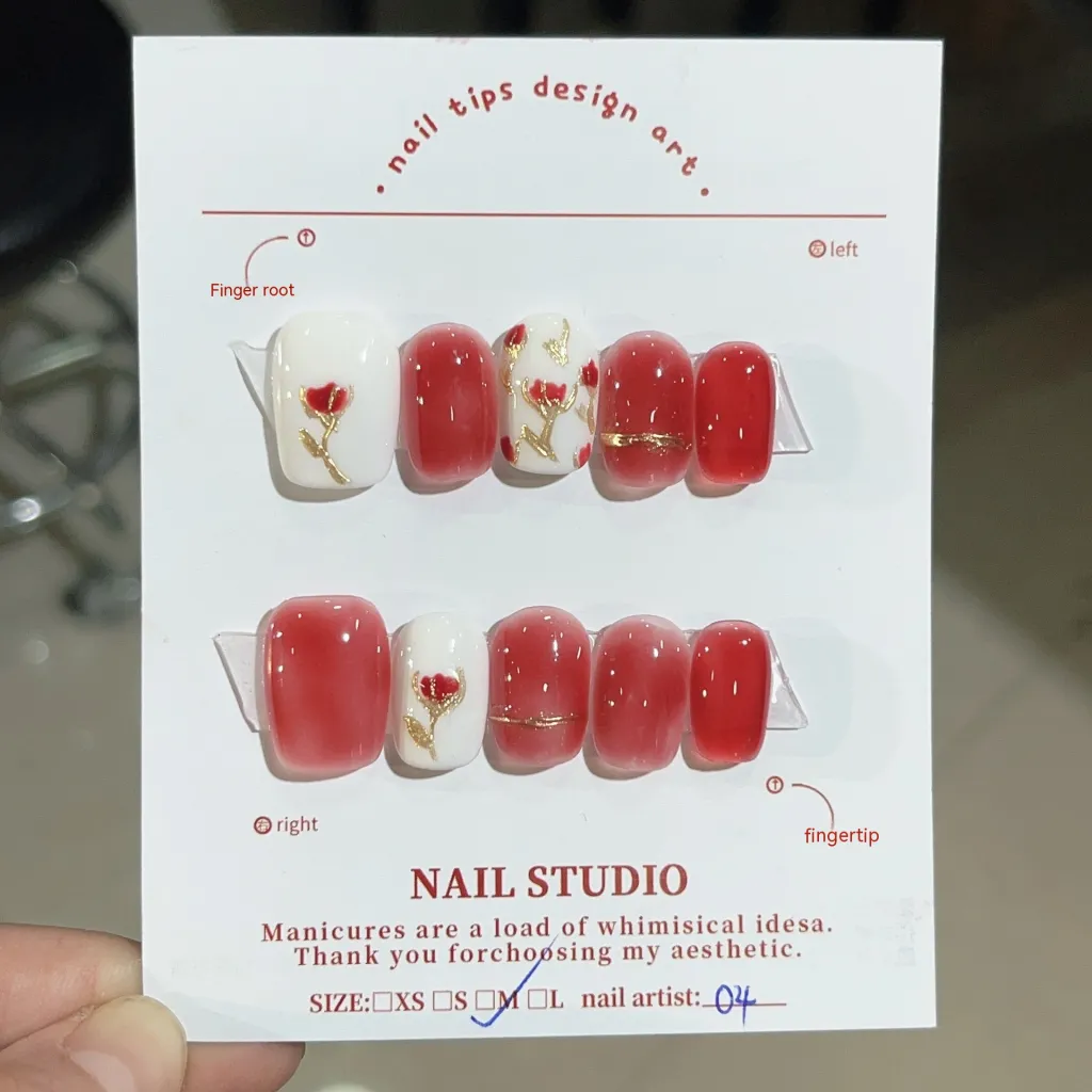 Red Rose Advanced Blooming Magic Mirror Effect Powder Handmade Wear Nail Finished Product - S