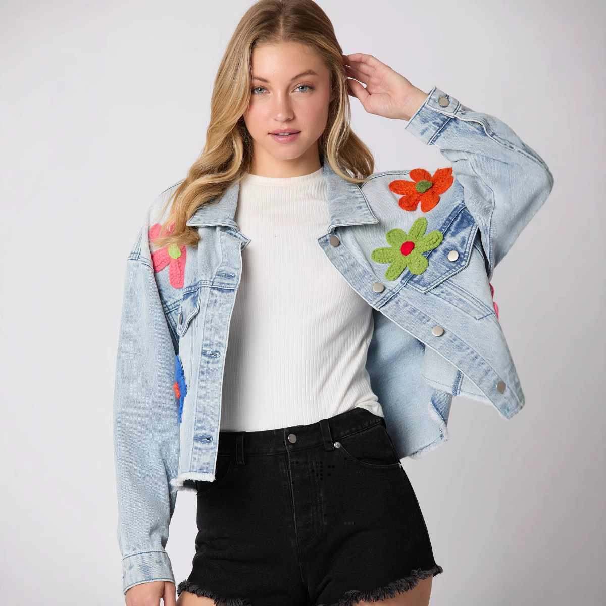 Multicolor Three-dimensional Floral-decorated Denim Jacket