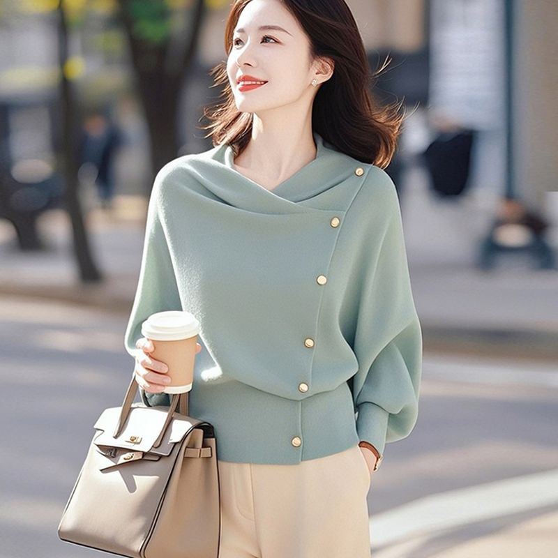Women Swing Collar Button Front Knit Top