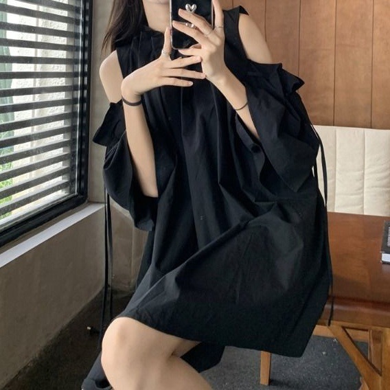 Retro Coffee-colored Lace-up Off-shoulder Dress