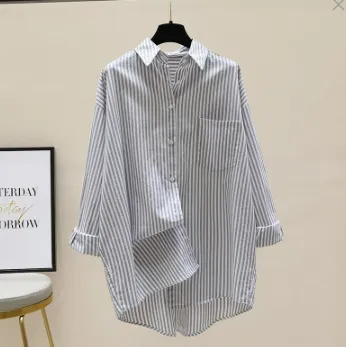 Vertical Striped Mid length Sun Protection Shirt For Women Gray - Shop at LoveMi