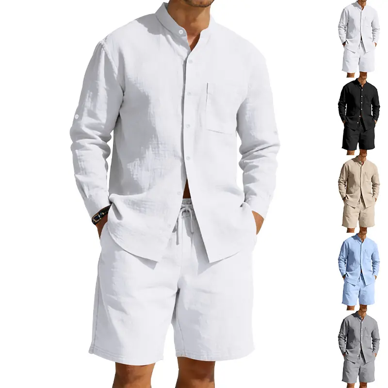 Mens Casual Linen Shirt and Shorts Set Summer Vintage