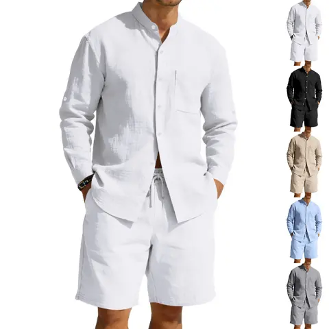 Mens Casual Linen Shirt and Shorts Set Summer Vintage