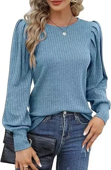 Rib Fabric Round Neck Bubble Shoulder Long Sleeve T shirt Top Sky Blue - Shop at LoveMi
