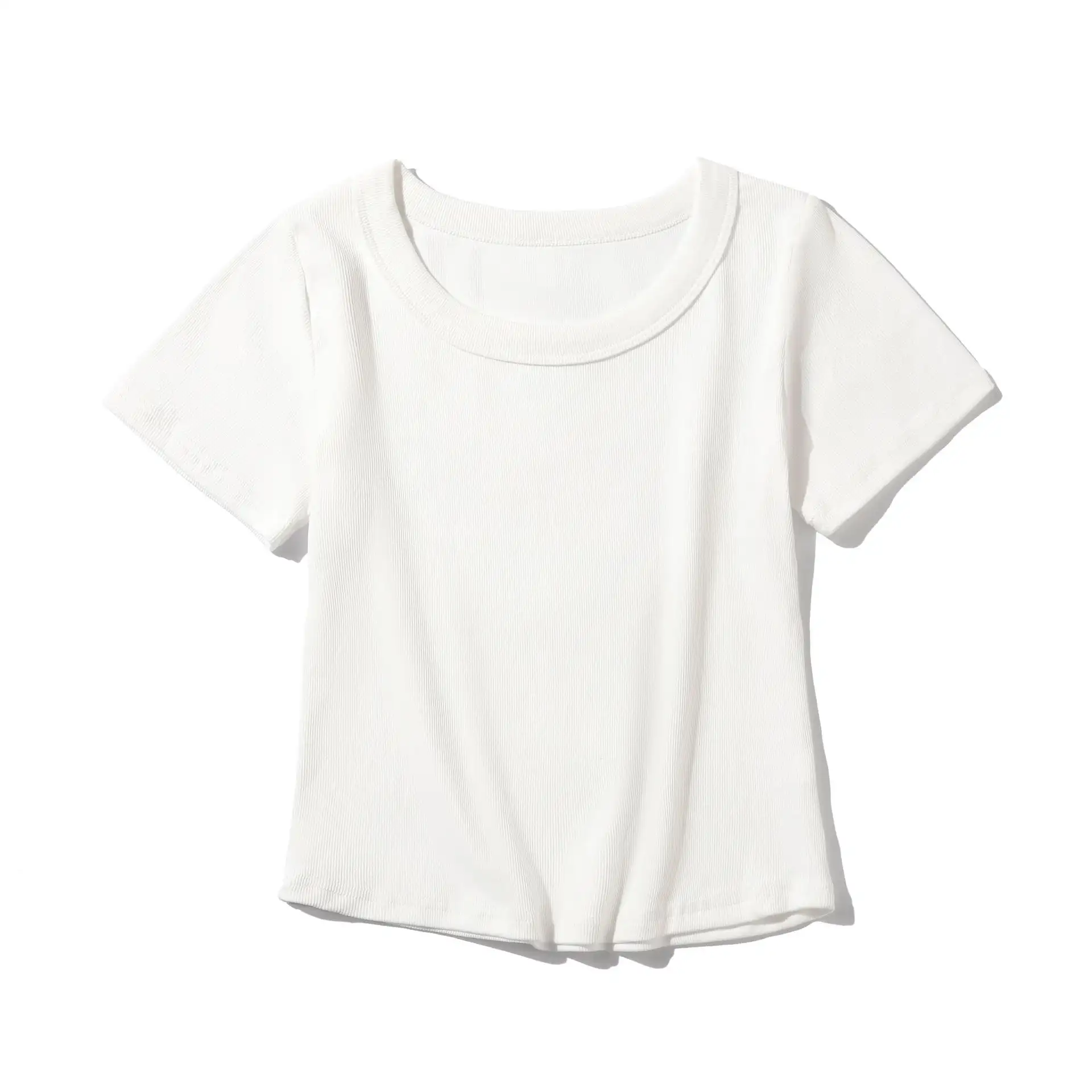 Women's French-style O-neck Short ICE Cotton T-shirt With Curved Hem