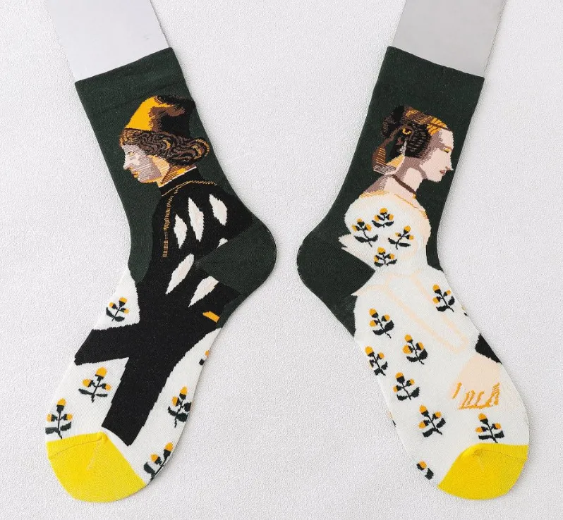 Trendy Mid-calf Length Socks Preppy Style Stockings Artistic Illustration Socks - Spruce Couple