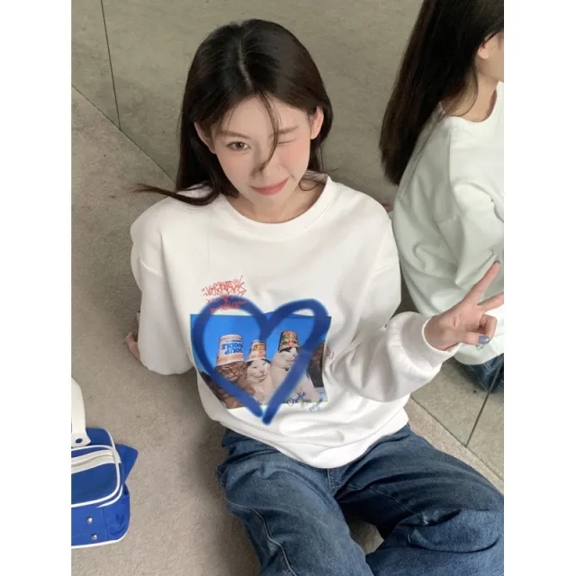 American Retro Loves And Cats Slim Long Sleeve Top White - Shop at LoveMi
