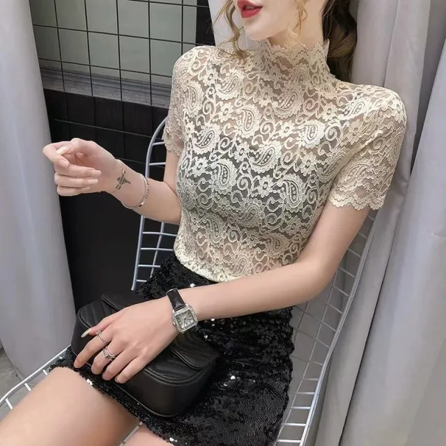 Paisley Lace Stand up Collar Short sleeved T shirt Apricot - Shop at LoveMi