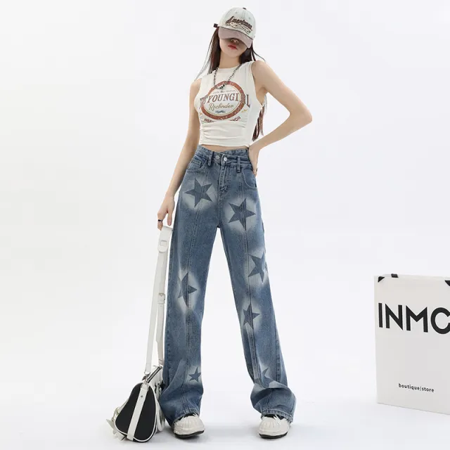 Loose Wide Leg XINGX Vintage Print Jeans Blue - Shop at LoveMi