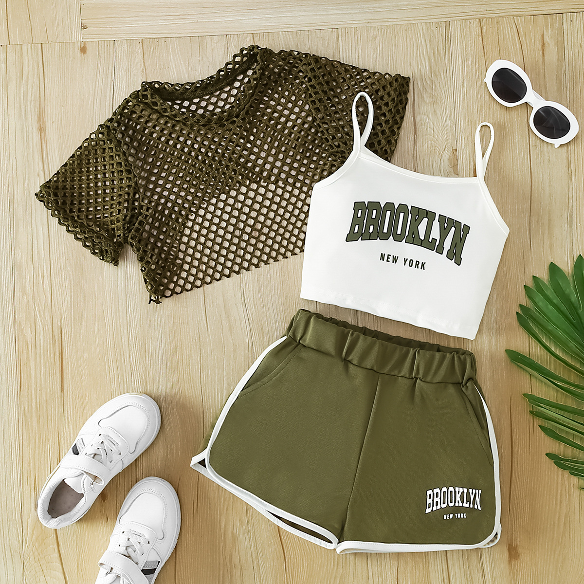 Summer New Mesh Shirt Short-Sleeve Top Pullover Three-Piece Set