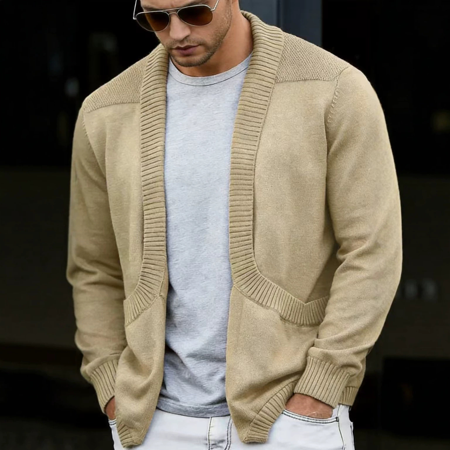 Mens Cardigan Sweater Shawl-Neck Knitted Coat product image