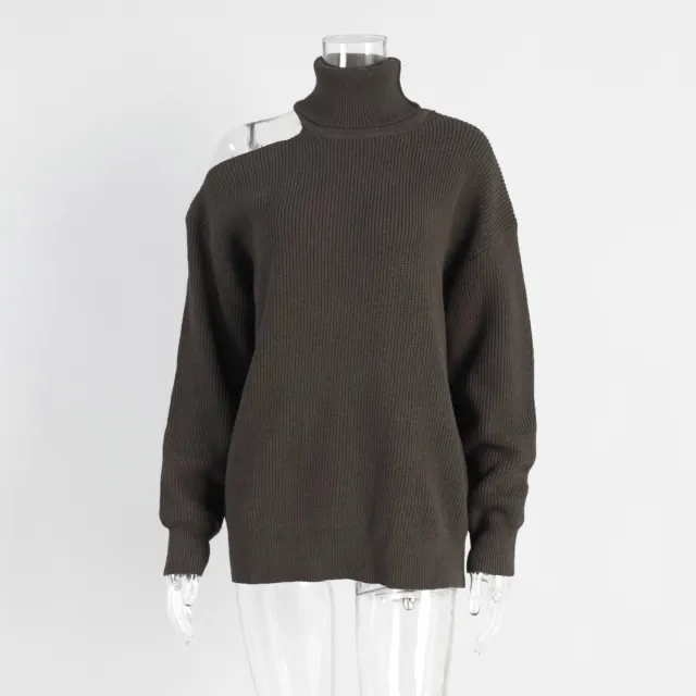Fashion Pullover Knitting Turtleneck Off the shoulder Sweater Chocolate L - Shop at LoveMi